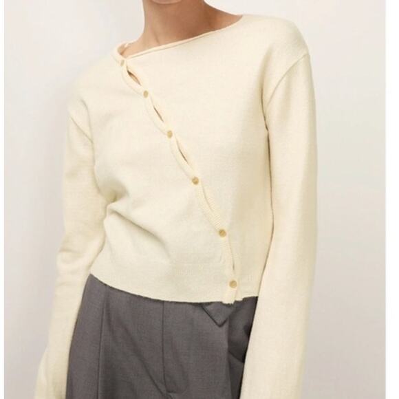 Storets Cream Asymmetrical Button Front Sweater Size S/M Fall Neutral Classic - Picture 1 of 8